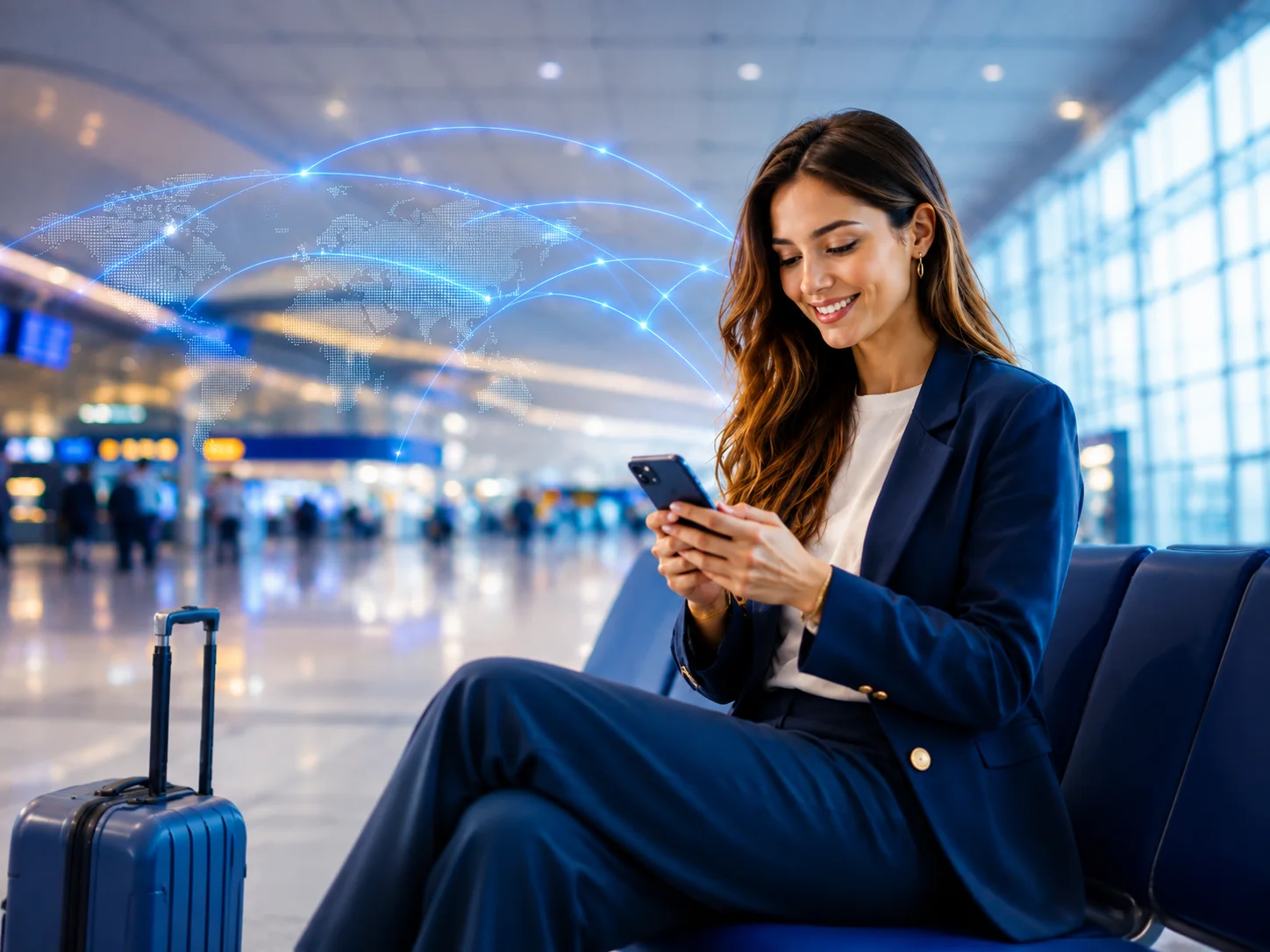 Confident traveller using mobile data at the airport